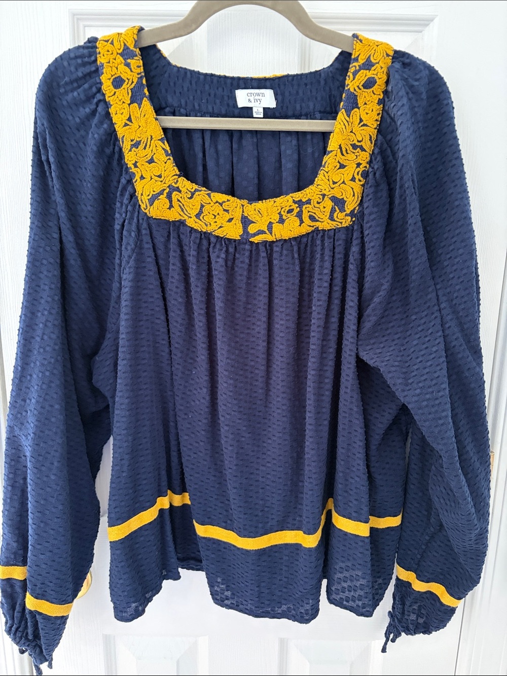 crown & ivy Navy Tunic with Yellow Embroidered Square Neckline